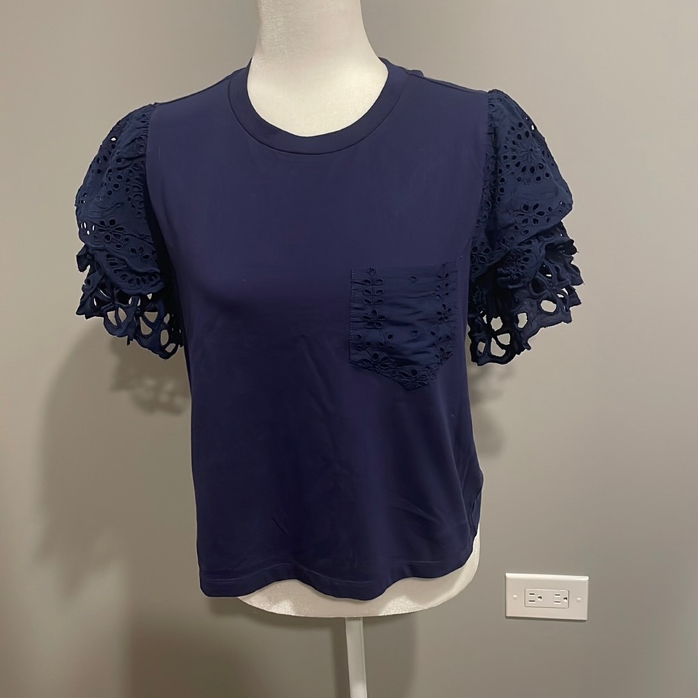 Anthropologie Forever that Girl Indigo Lace Flutter sleeve Top -Medium